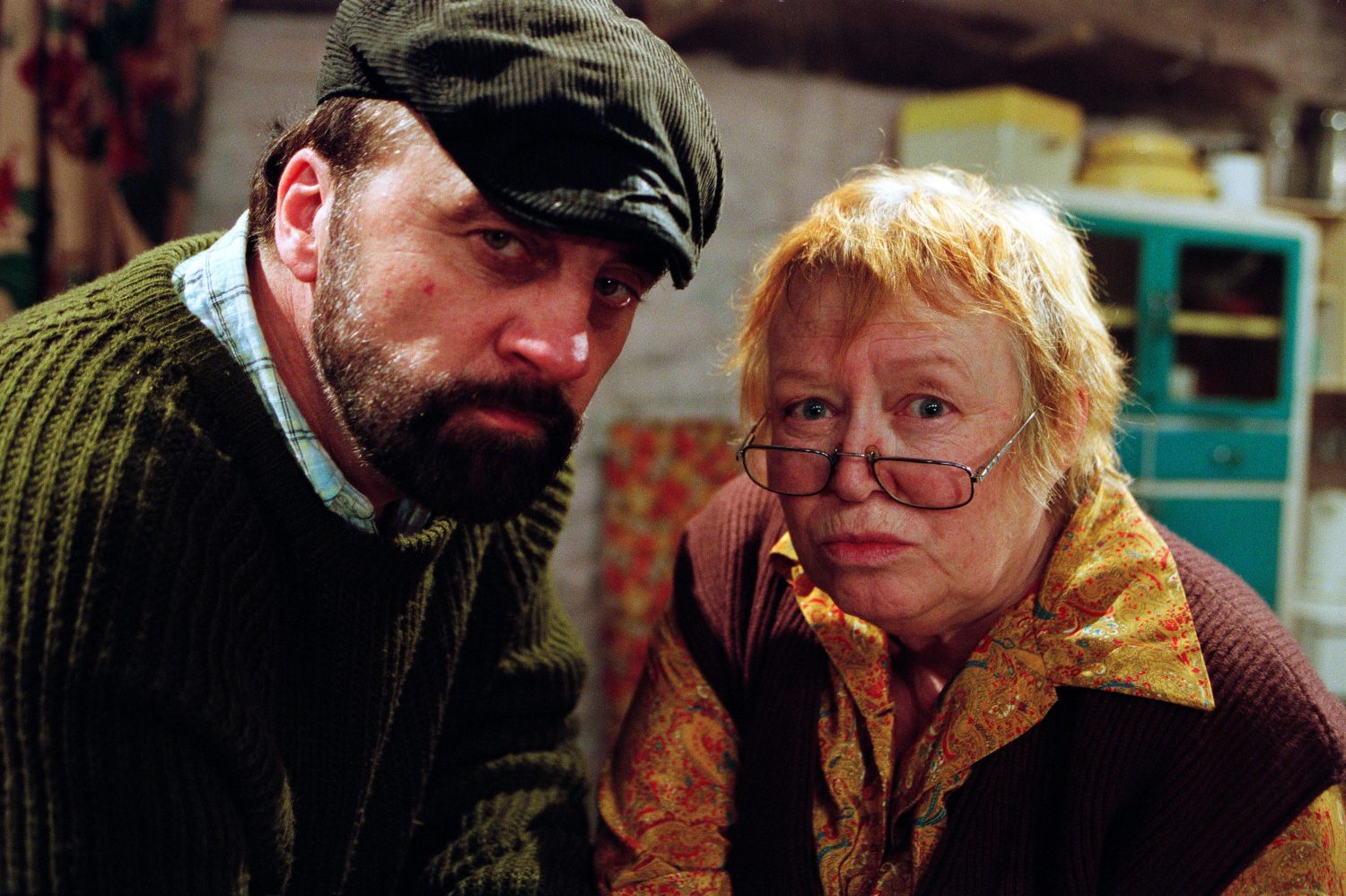 Zak Dingle, the head of the family, and his mother Peg in Emmerdale glare at the camera