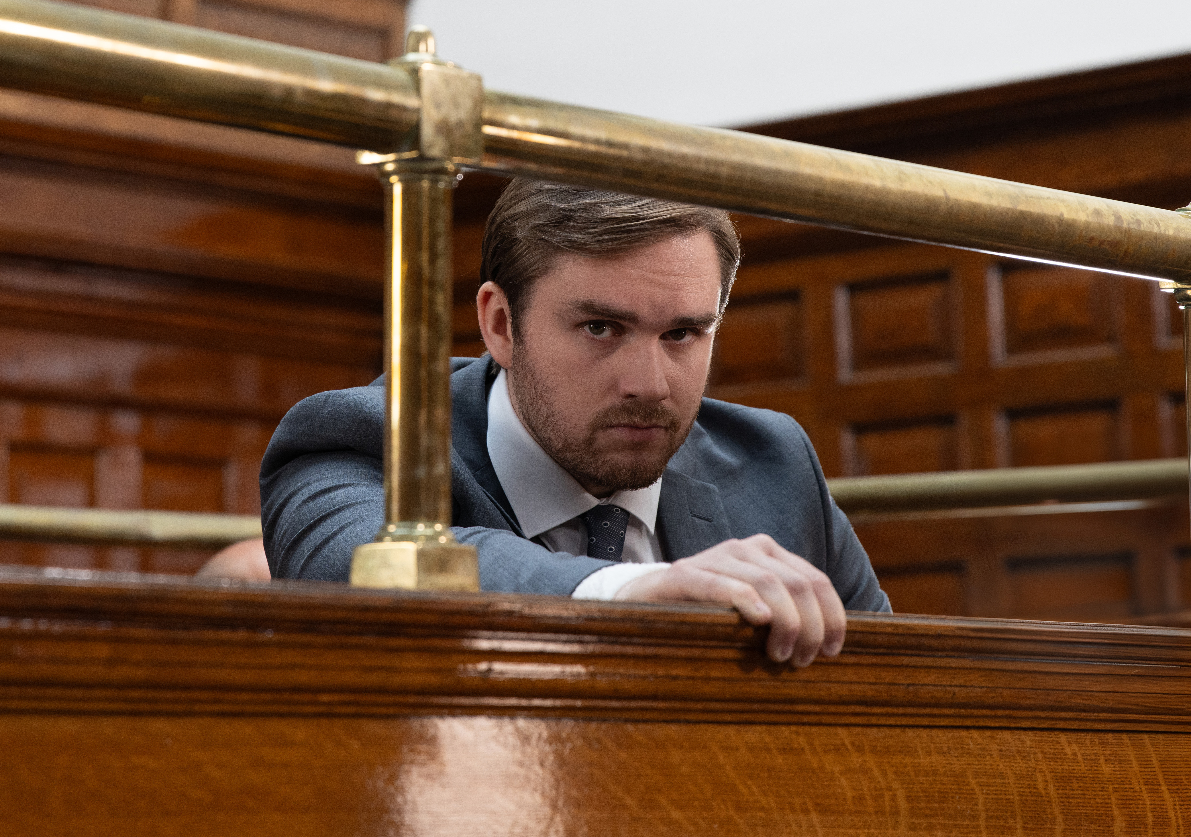 Tom King in the court room dock in Emmerdale