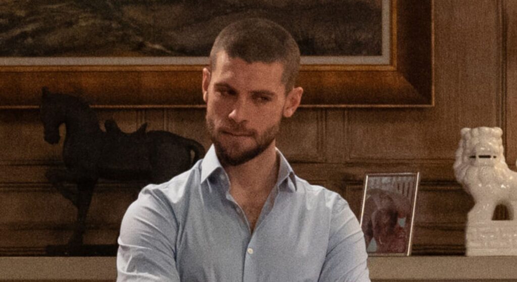 Joe Tate in Emmerdale looks suspicious (Credit: ITV/Comp Emmerdale Insider)