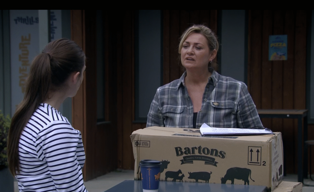 Moira and her box in Emmerdale
