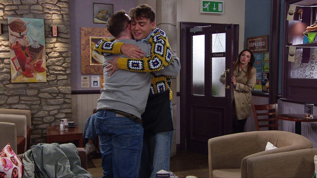 Vinny and Lewis share a hug in Emmerdale