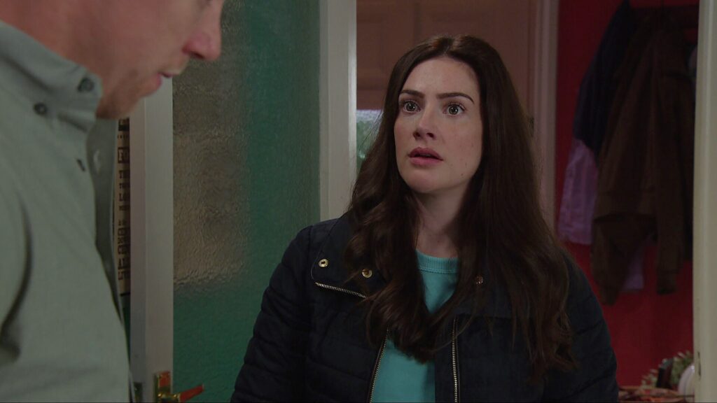 Victoria looks horrified in Emmerdale
