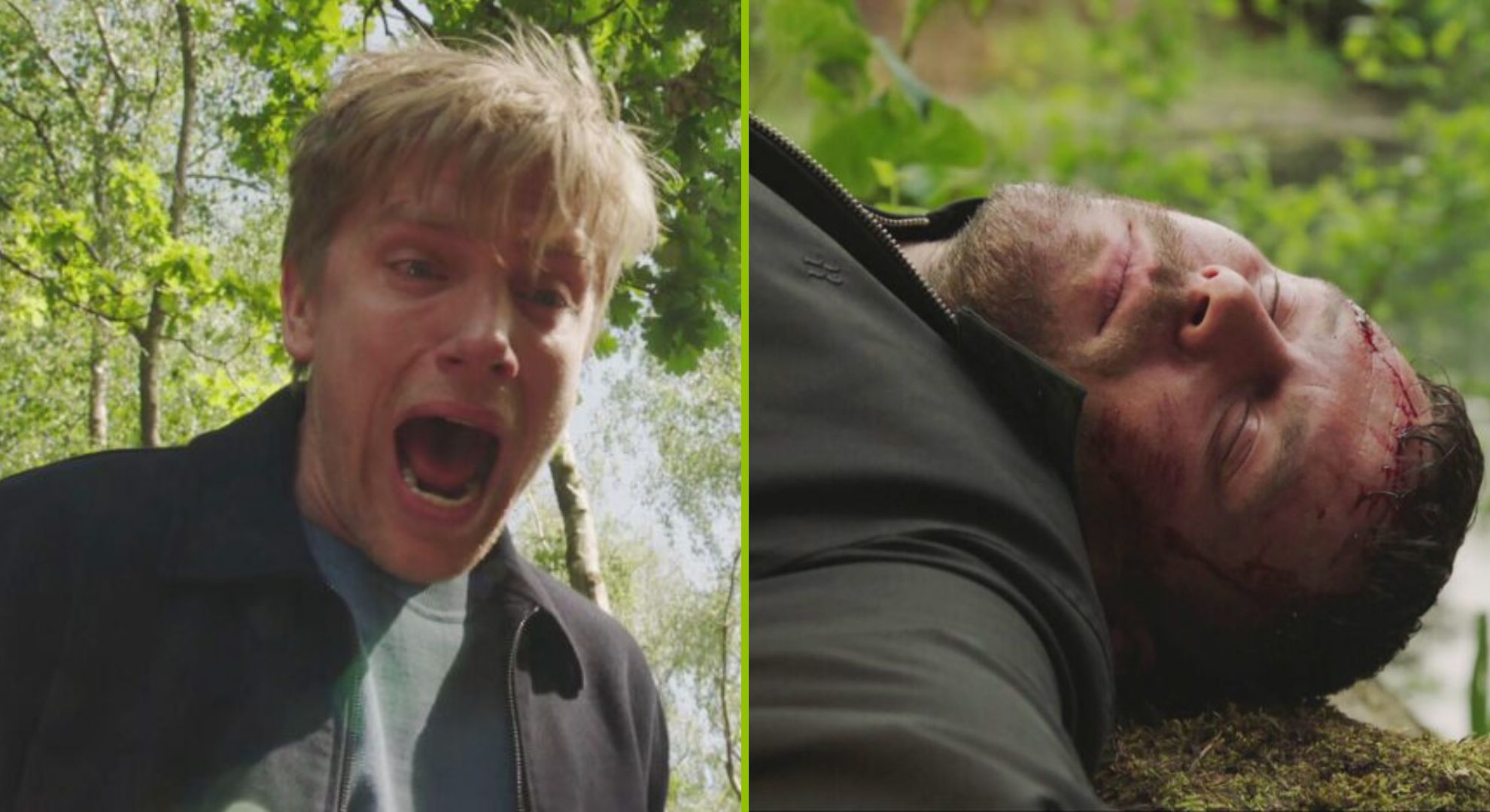 Robert is terrified as Aaron is motionless at the bottom of the cliff