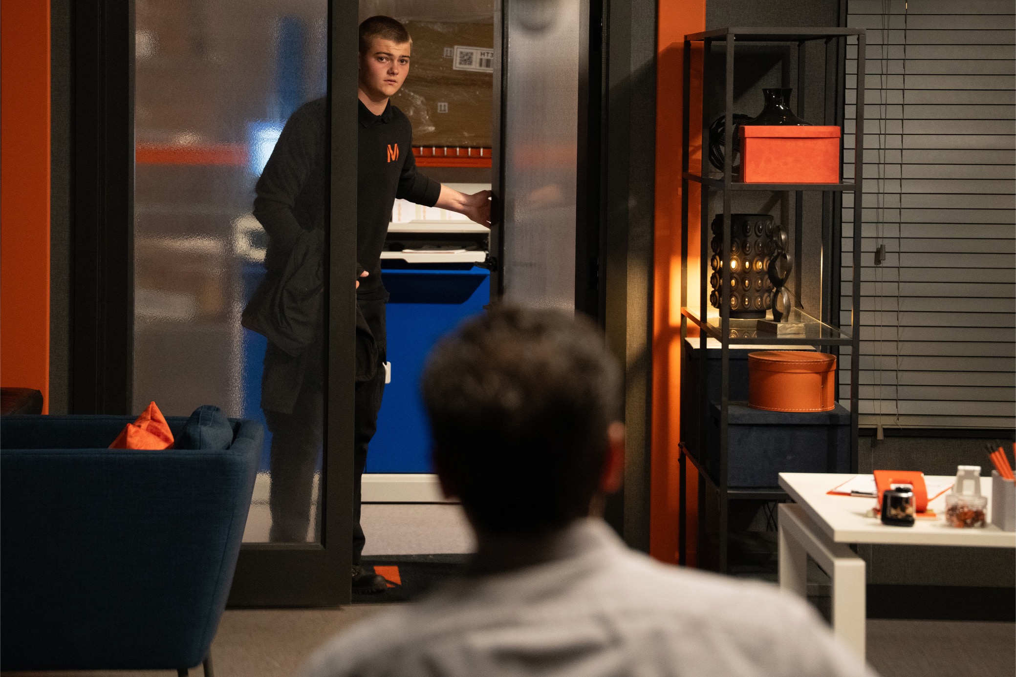 Dylan walks into Jai's office in Emmerdale