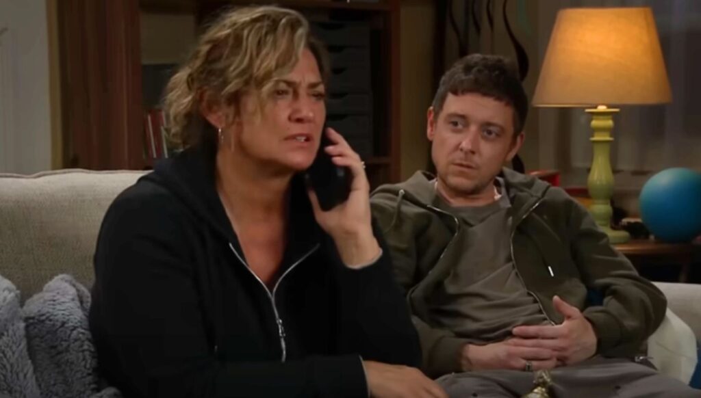 Emmerdale Moira on the phone discovering Cain has been arrested