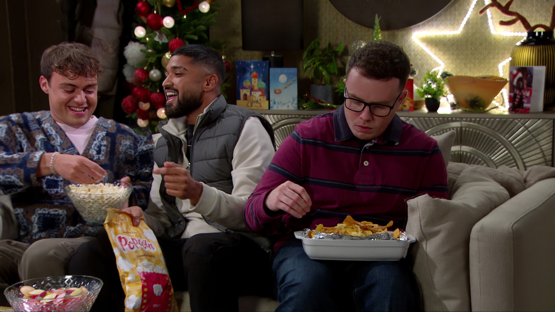 Lewis and Kammy laugh as Vinny looks put out in Emmerdale spoilers