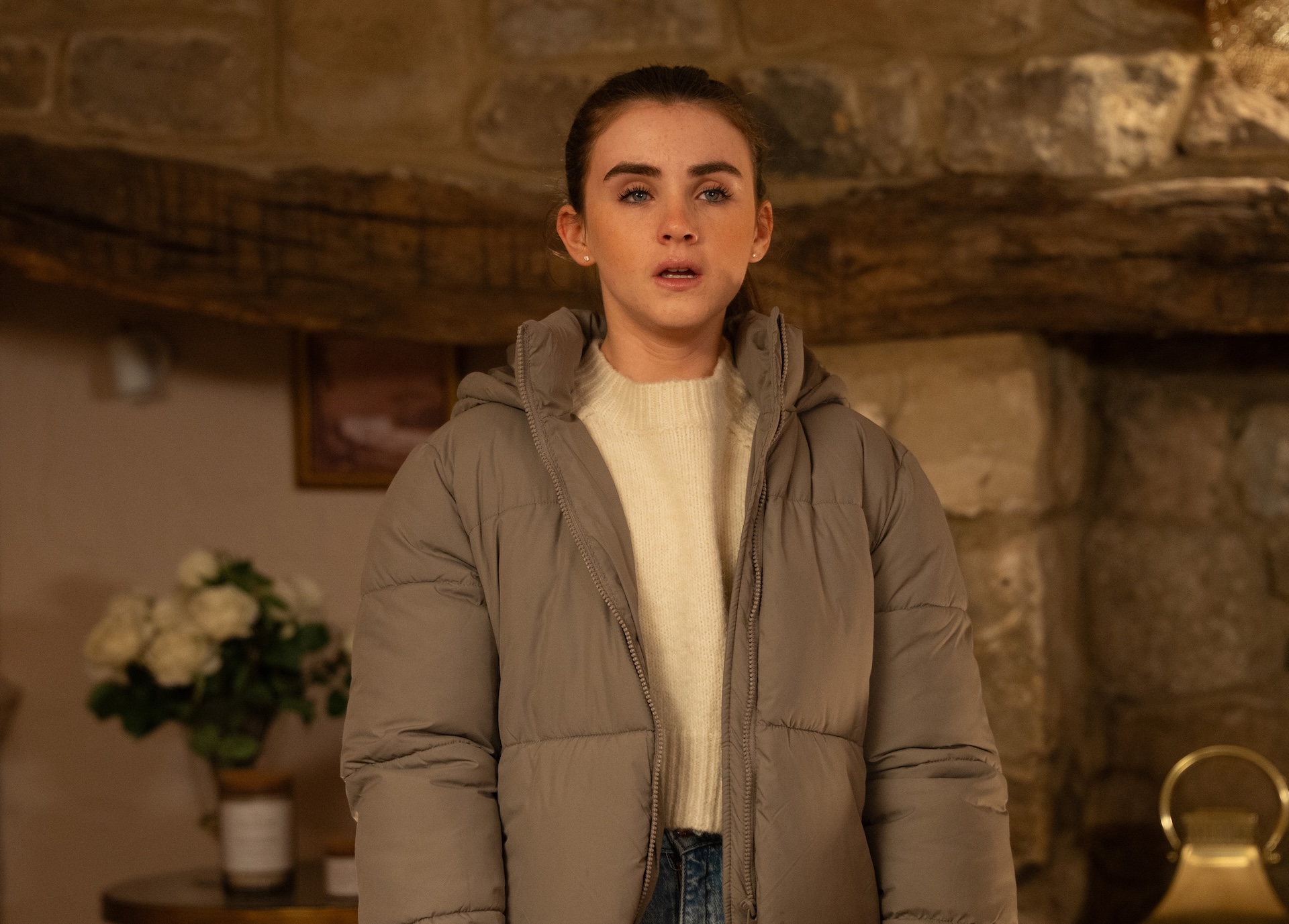 April looks upset and worried in Emmerdale