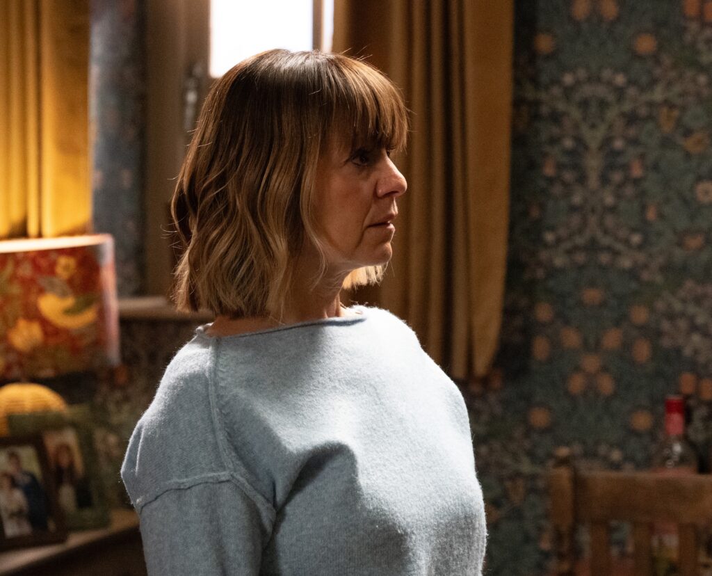 Rhona looks shocked in Emmerdale