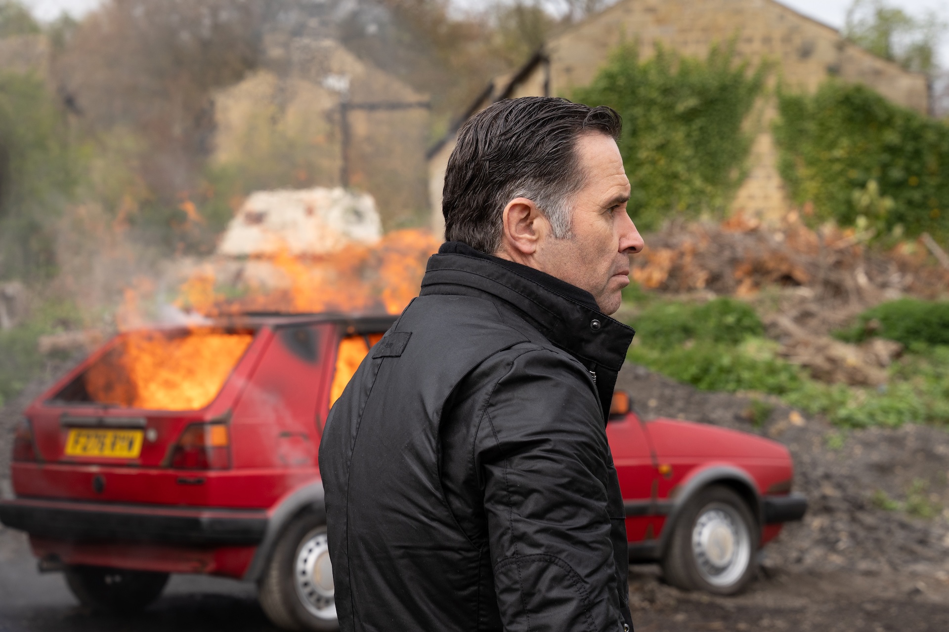 A car on fire worries Graham (Credit: ITV)