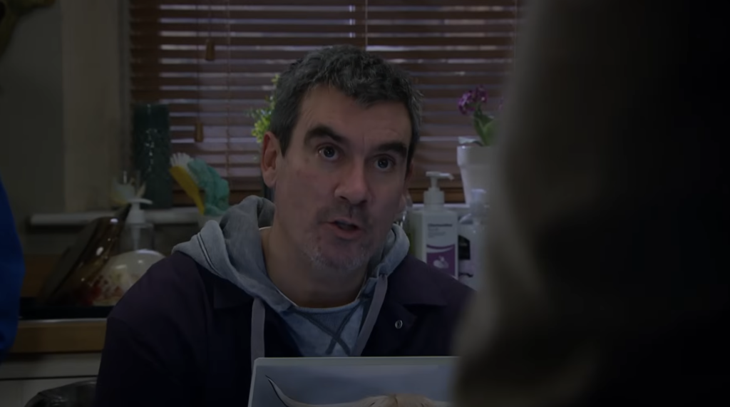 Cain annoyed at the farm in Emmerdale