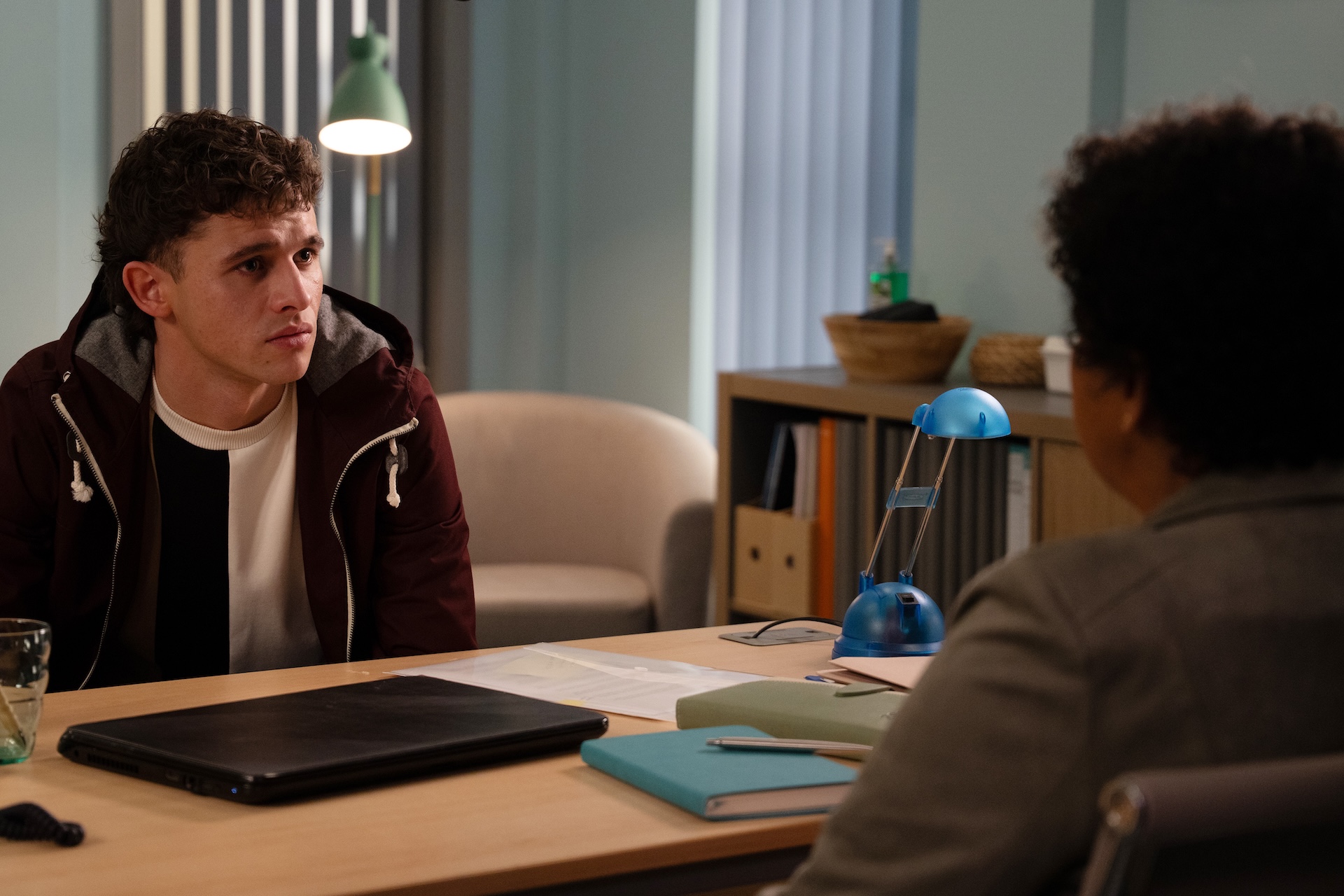 Stressed Jacob reveals everything to HR (Credit: ITV)