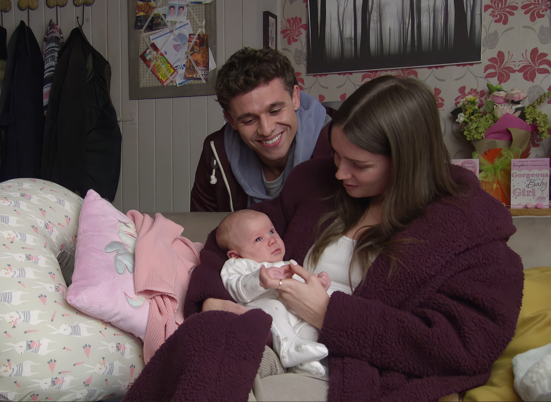Jacob and Sarah are all smiles at home with baby Leyla in Emmerdale spoilers (Credit: ITV)